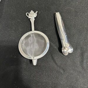 Silver Tea Strainer and Tongs Set